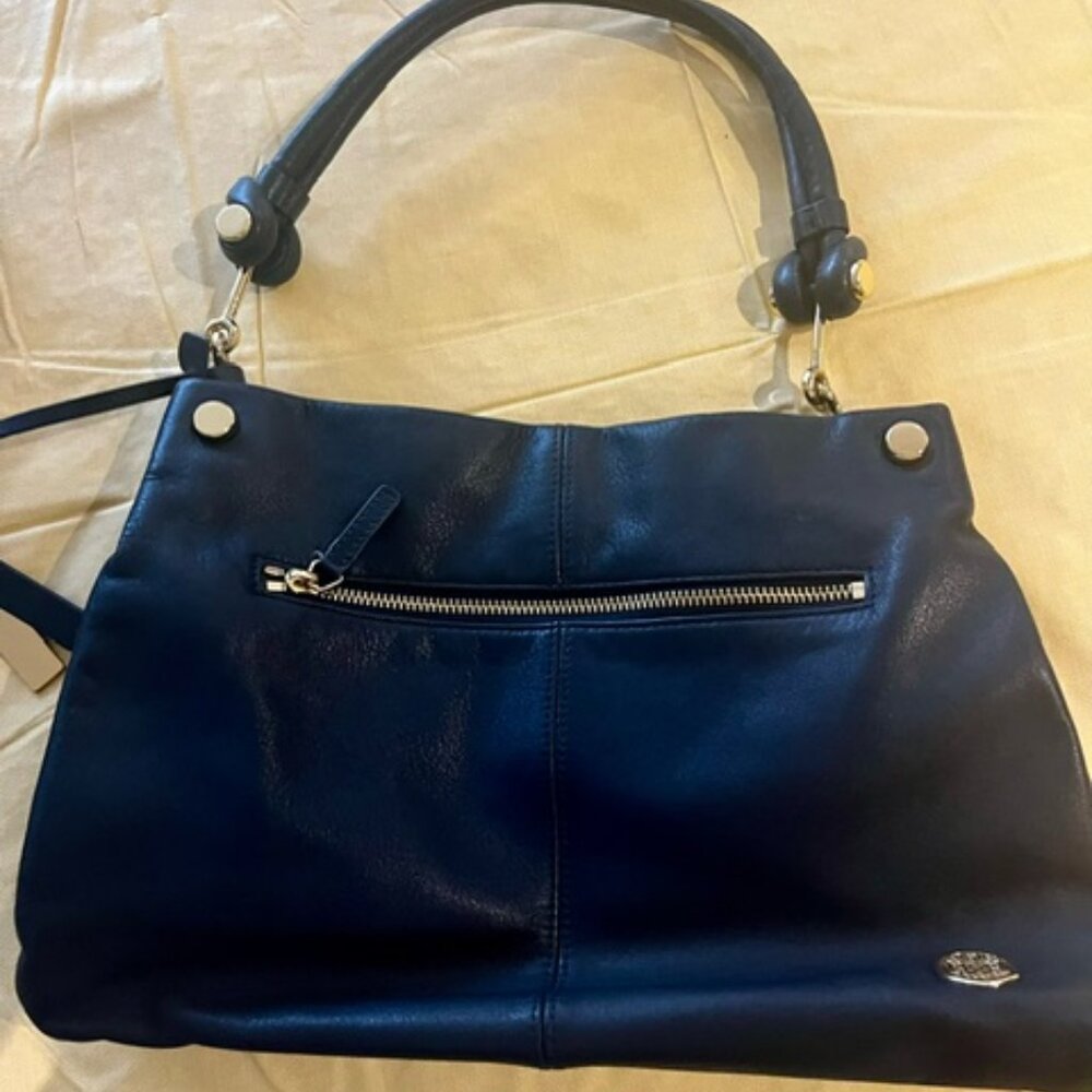 Vince Camuto Blue Leather Hobo-Style Shoulder Bag with Gold Tone Accents
